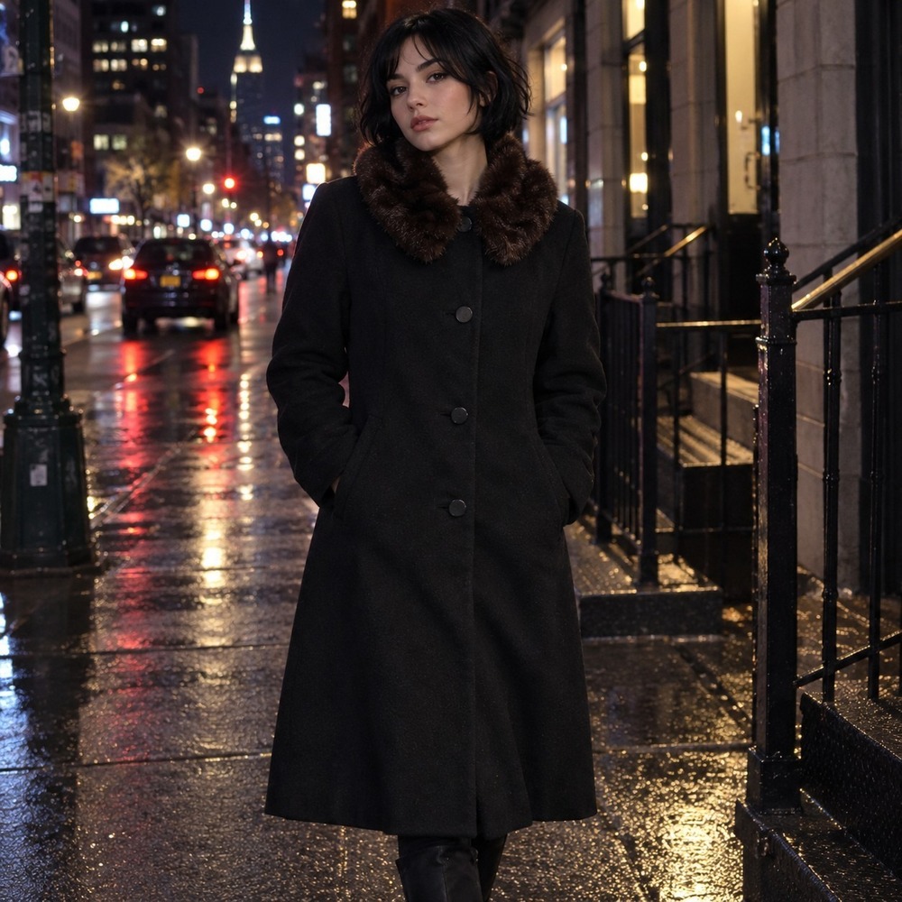 VTG 60s 70s Penny Lane Union Wool Pea Coat Real Fur Collar Button Black Med/Lg